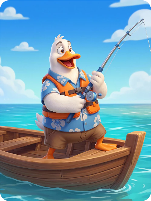 Dave the white duck fishing from a wooden boat