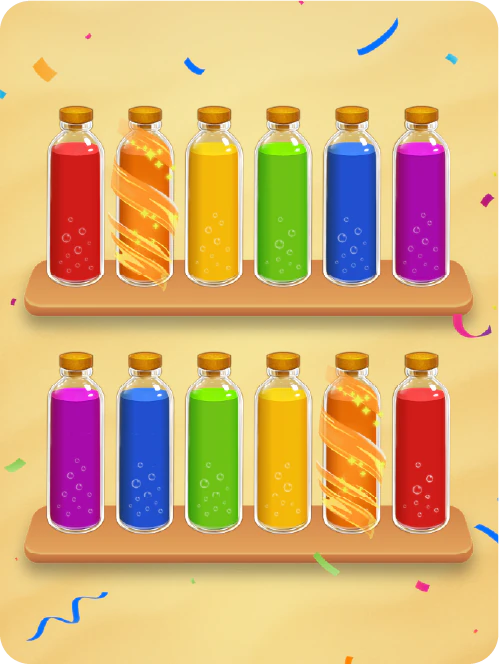 Two shelves of bottles sorted by color