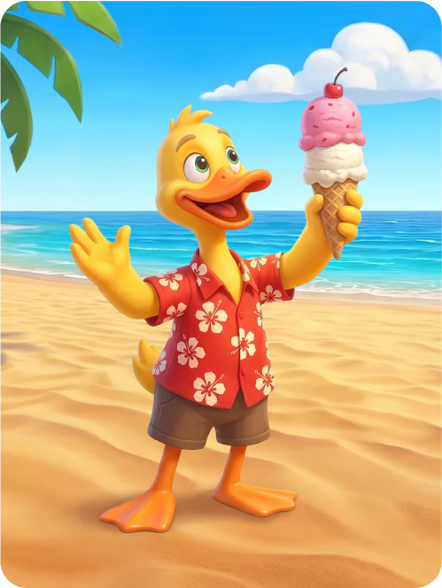Happy the duckling enjoying an ice cream on the beach