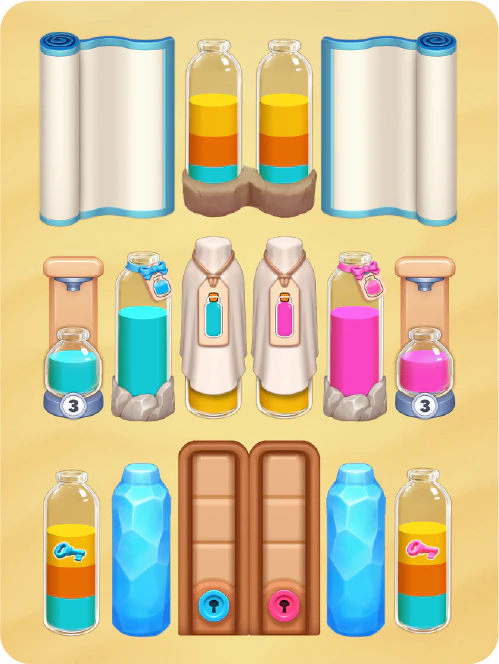 Bottles hidden behind scrolls, ice and locked doors