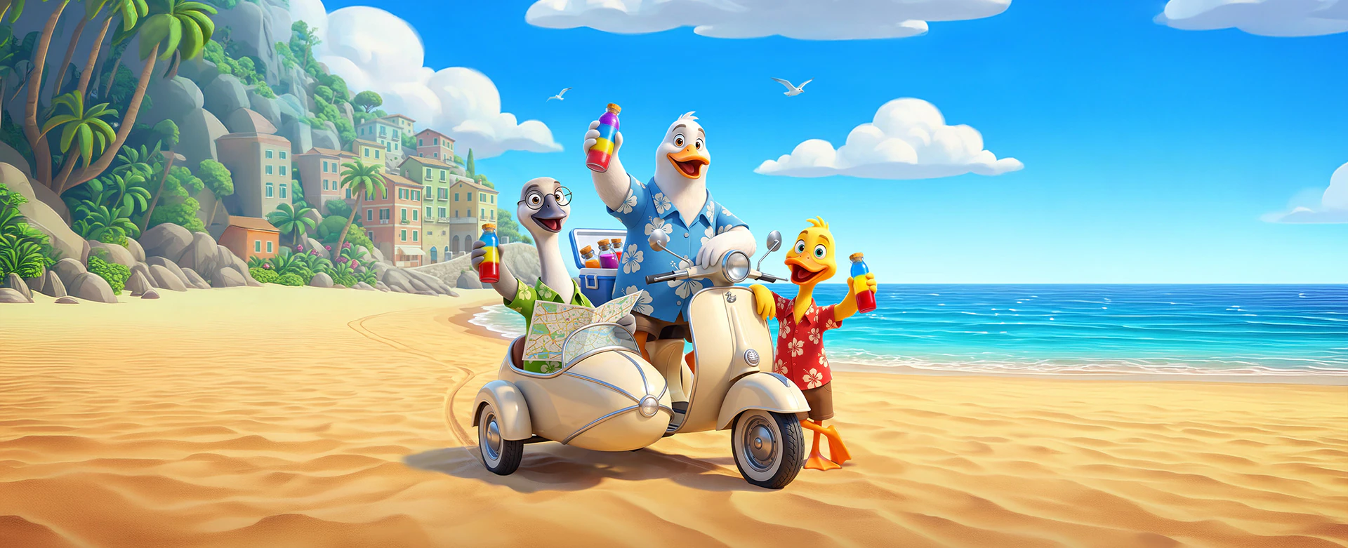 Dave, George and Happy riding a scooter along the beach